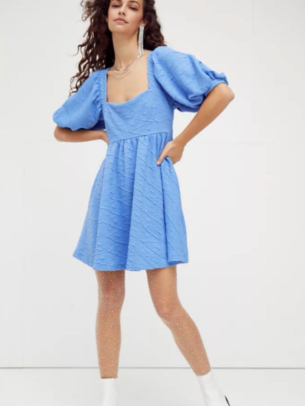 Free People Violet Cornflower Blue Textured Mini Dress with Puff Sleeves